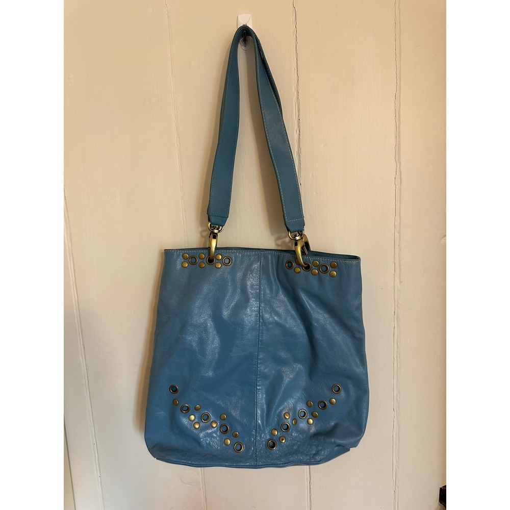 Slouchy Blue Hobo Leather Studded Grommet Shoulder Bag Tote Brass Hardware